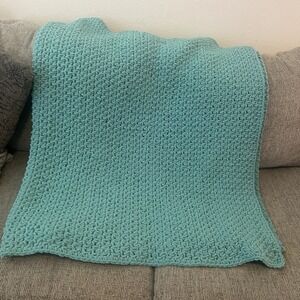 Vintage Handmade Turquoise Crochet Blanket Afghan 45' x75" Boho Cozy Knit Throw